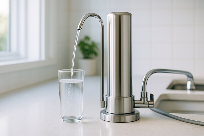 Filtro de agua de acero inoxidable sobre la mesada de la cocina, sirviendo agua limpia en un vaso.